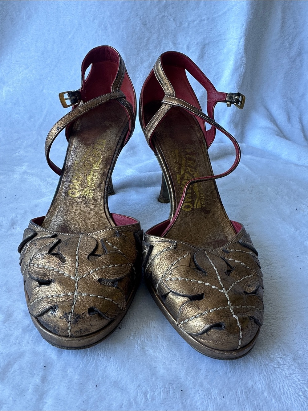 Ferragamo Metallic Bronze Women's Ankle-Strap Heels
